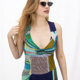Vestido vintage 00s estilo Desigual multicolor con abertura cruzada en la espalda