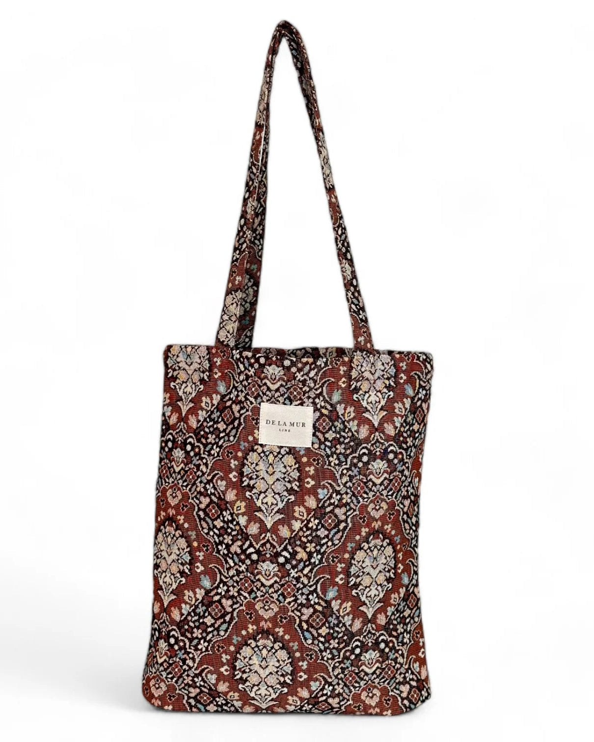 Tote bag con estampado retro en tonos caldera y asas largas, vista frontal