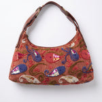 Bolso hobo vintage marrón bordado con peces de colores, lentejuelas y abalorios.