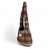 Tote bag con tejido jacquard geométrico de colores, vista lateral.