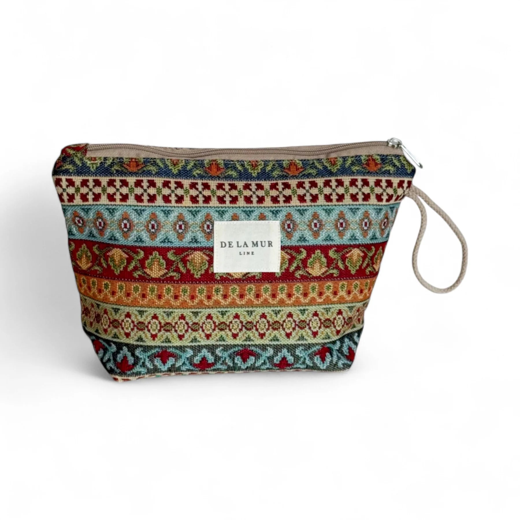 Neceser grande de jacquard con estampado de rayas multicolor y etiqueta De La Mur, vista frontal.