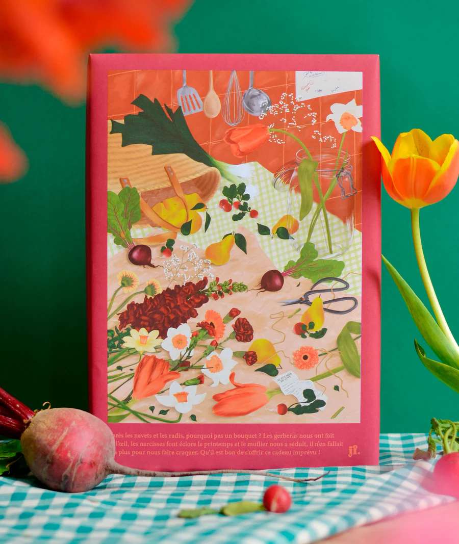 Puzzle 1000 piezas 'La Mañana' con ilustración de mercado y flores, diseño sostenible.