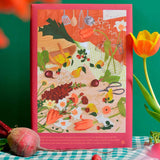 Puzzle 1000 piezas 'La Mañana' con ilustración de mercado y flores, diseño sostenible.