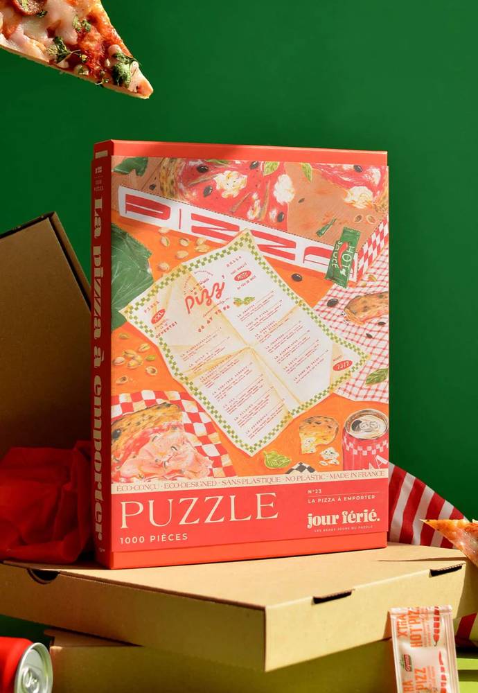 Caja del puzzle "La Pizza a Emporter" con diseño vintage