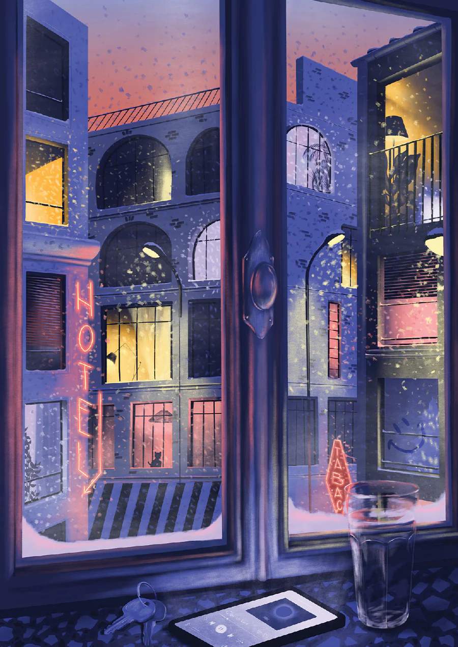 Puzzle "La Noche que Cae" - 1000 piezas ilustrado con una vista urbana nocturna y nieve cayendo.