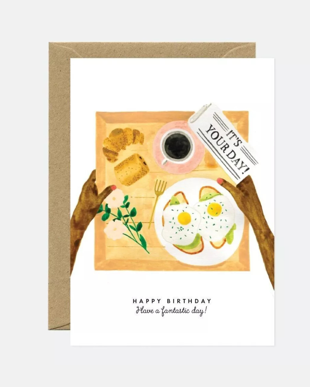 Tarjeta de felicitación con ilustración de desayuno, café, flores y mensaje de cumpleaños.