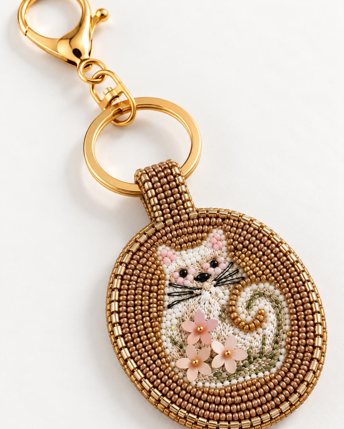 Detalle de charm con gato blanco, bigotes negros, flores rosas y bordado de abalorios dorados.