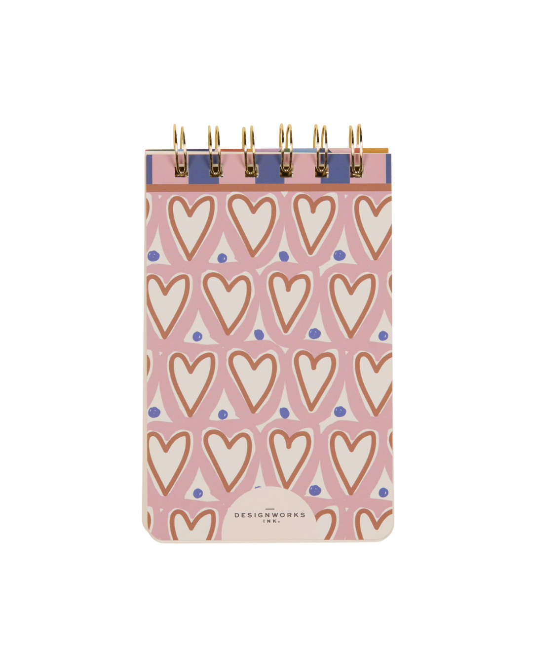 Reverso del bloc de notas con diseño de corazones y logo.