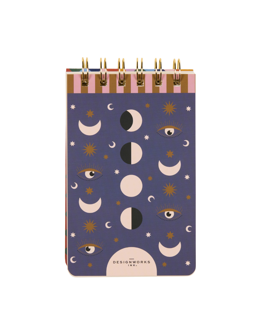 Reverso del bloc de notas con diseño lunar y logo