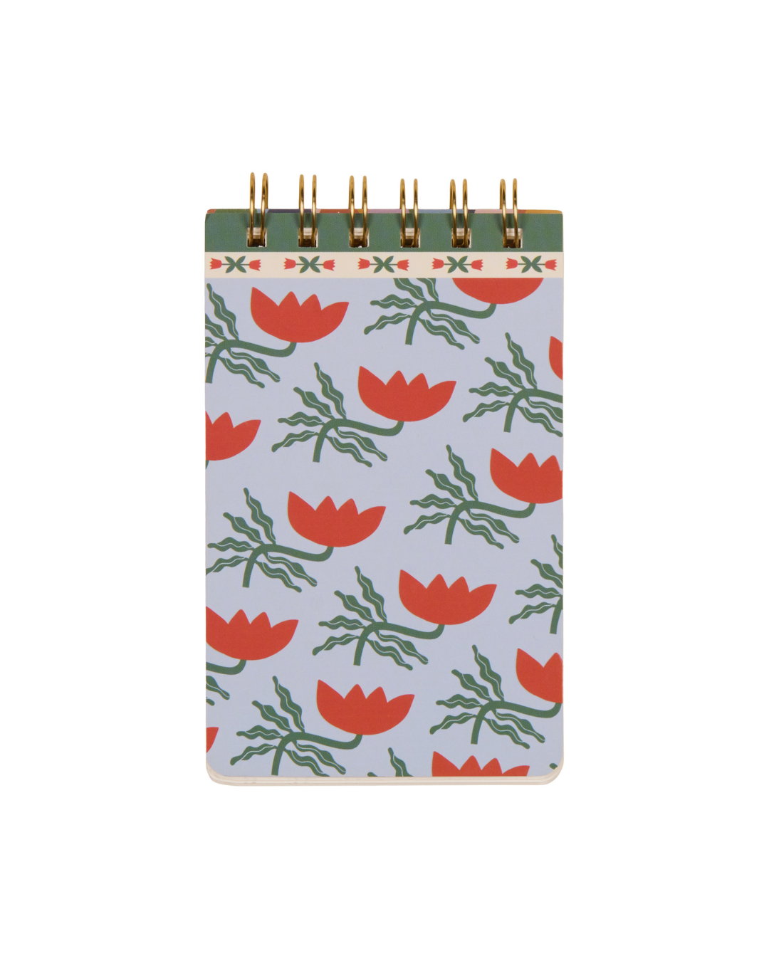 Bloc de notas con flores rojas sobre fondo azul, vista frontal.