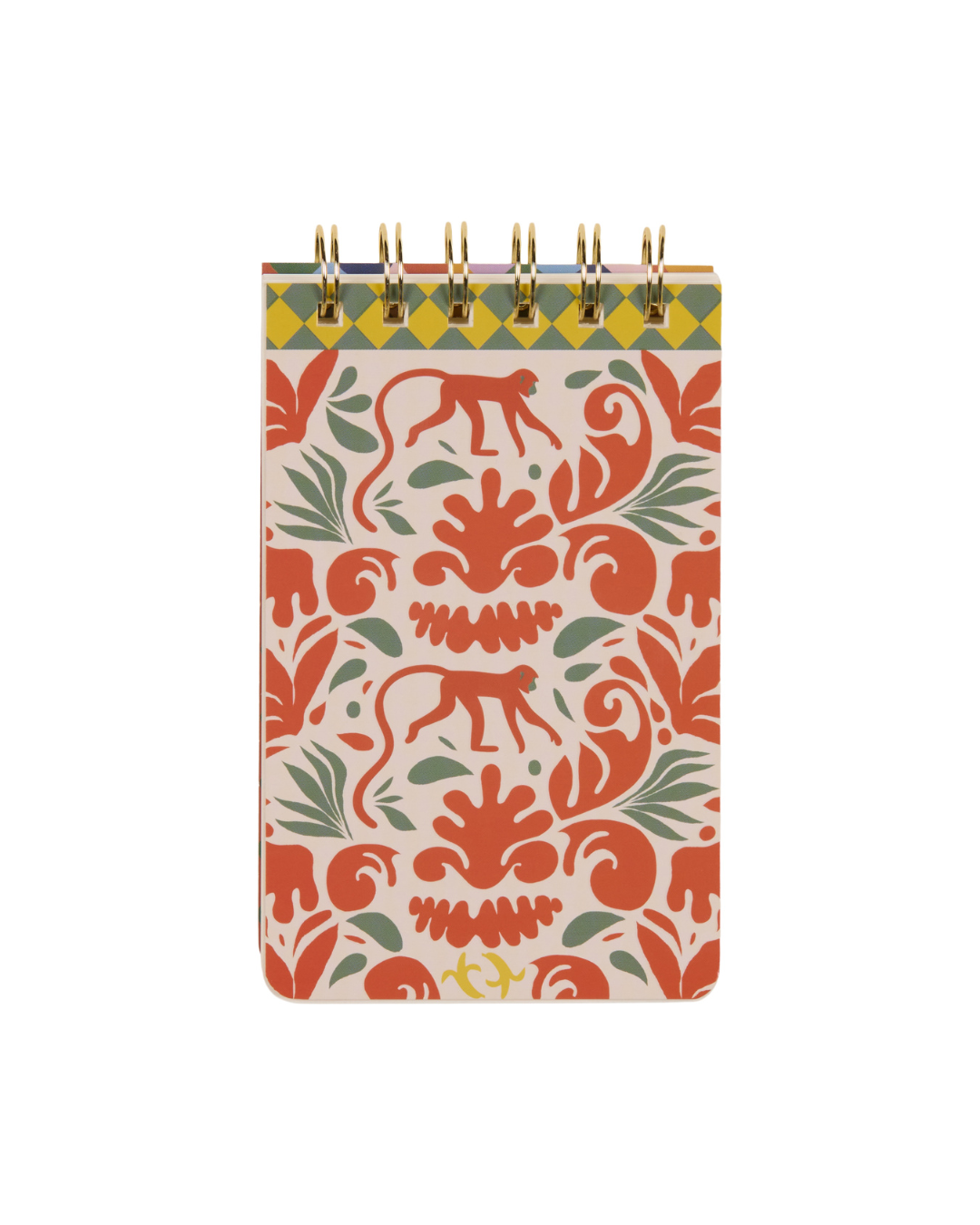 Bloc de notas con estampado de monos y hojas en tonos cálidos, vista frontal