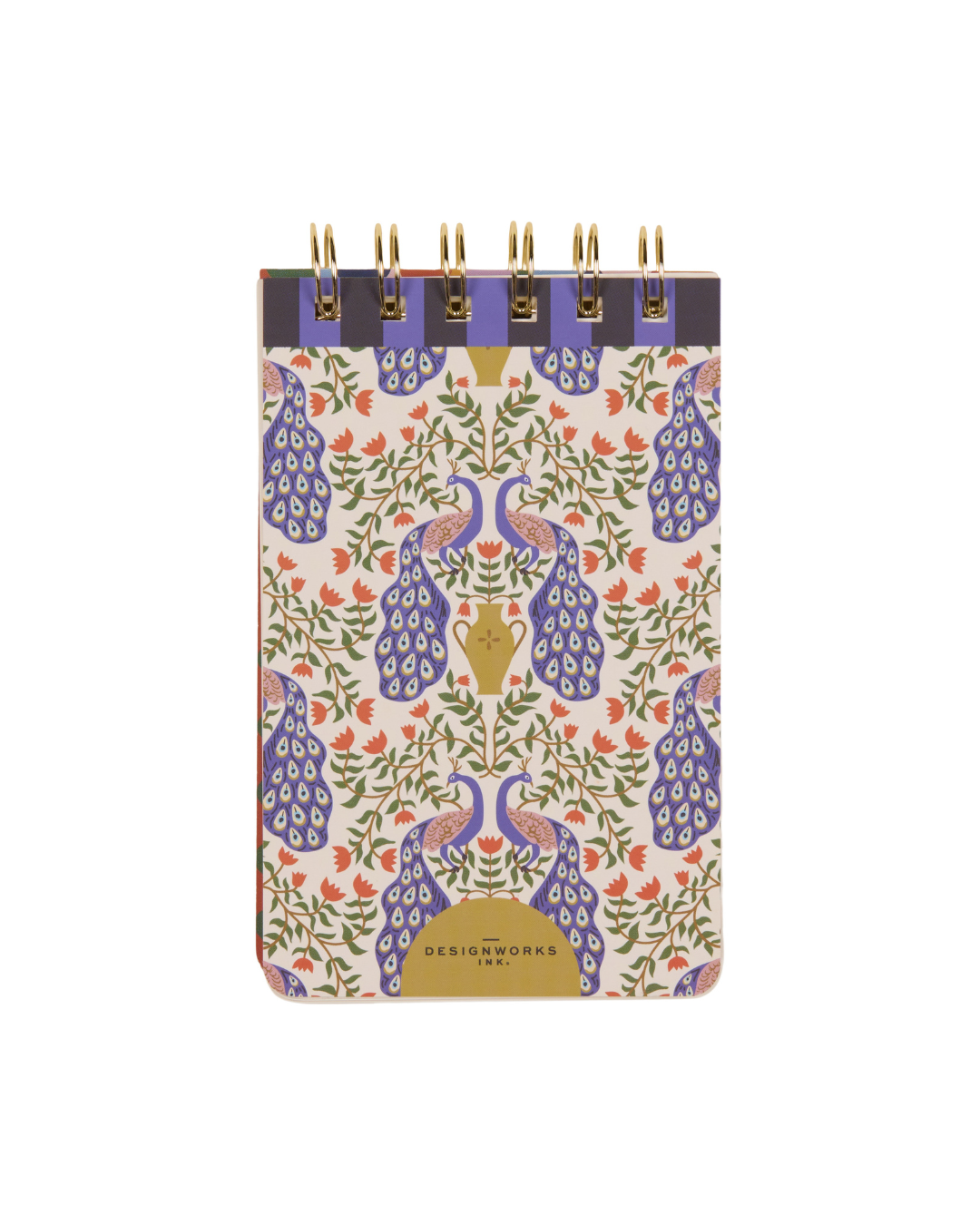 Reverso del bloc de notas con diseño de pavos reales y logo.