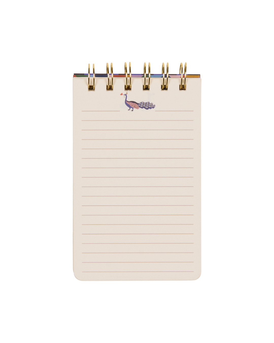 Interior del bloc con hojas rayadas y dibujo de pavo real.