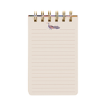 Interior del bloc con hojas rayadas y dibujo de pavo real.