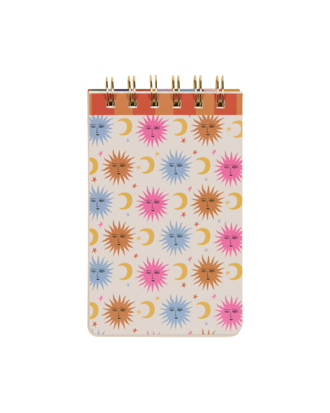 Bloc de notas con estampado de soles, lunas y estrellas de colores, vista frontal