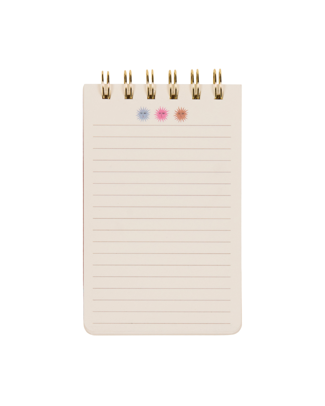 Interior del bloc de notas con páginas rayadas y anillas doradas.