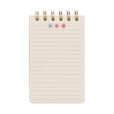 Interior del bloc de notas con páginas rayadas y anillas doradas.