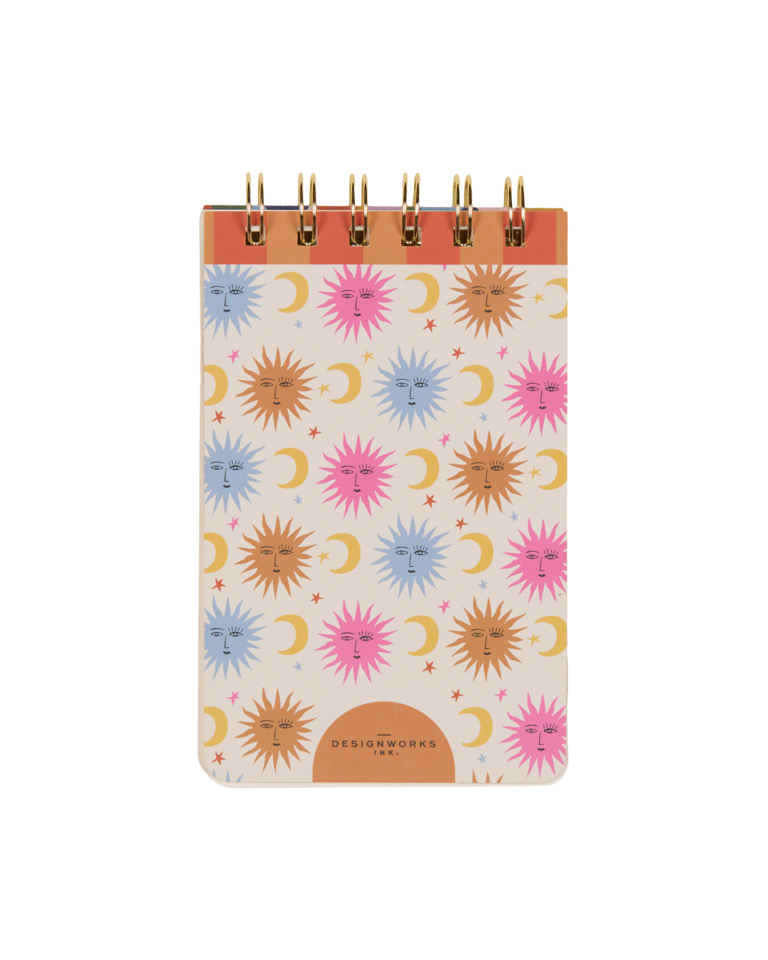 Reverso del bloc de notas con diseño astral y logo