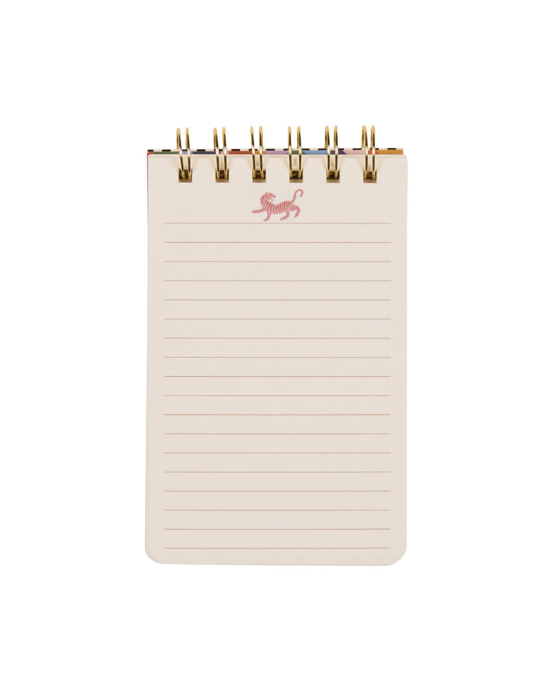 Interior del bloc con hojas rayadas y anillas doradas.