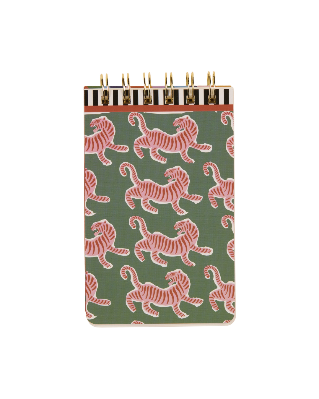 Bloc de notas con estampado de tigres rosas sobre fondo verde, vista frontal.