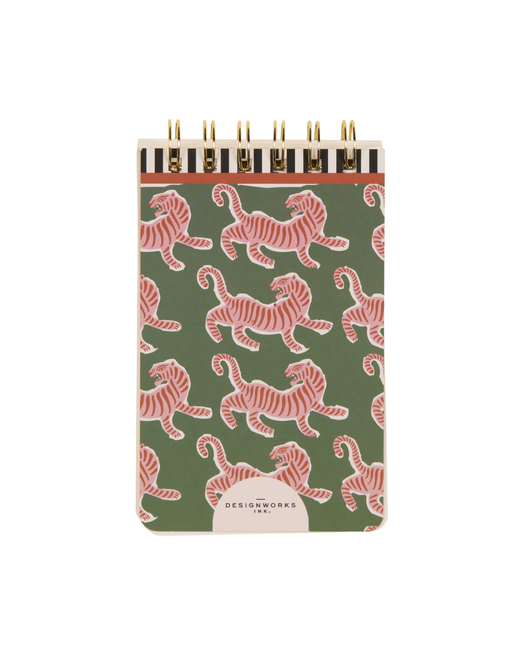 Reverso del bloc de notas con logo y tigres ilustrados.