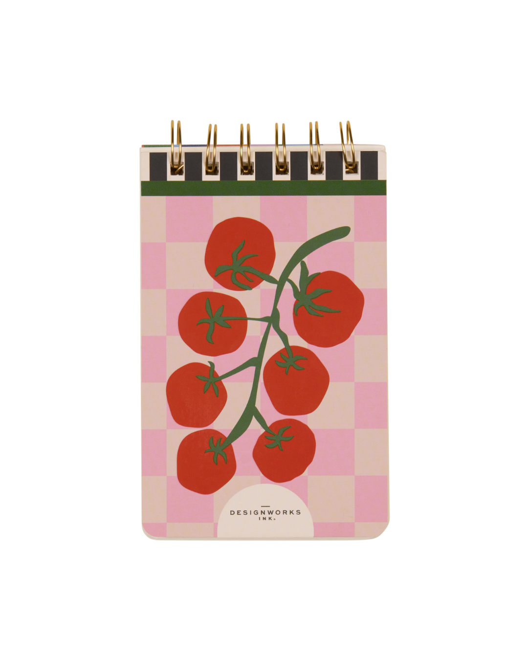 Reverso del bloc de notas con diseño de tomates y logo.