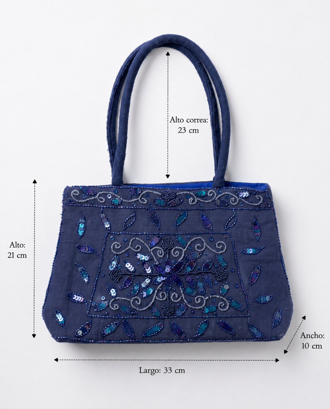 Imagen 5: Bolso vintage azul con lentejuelas mostrando sus medidas.