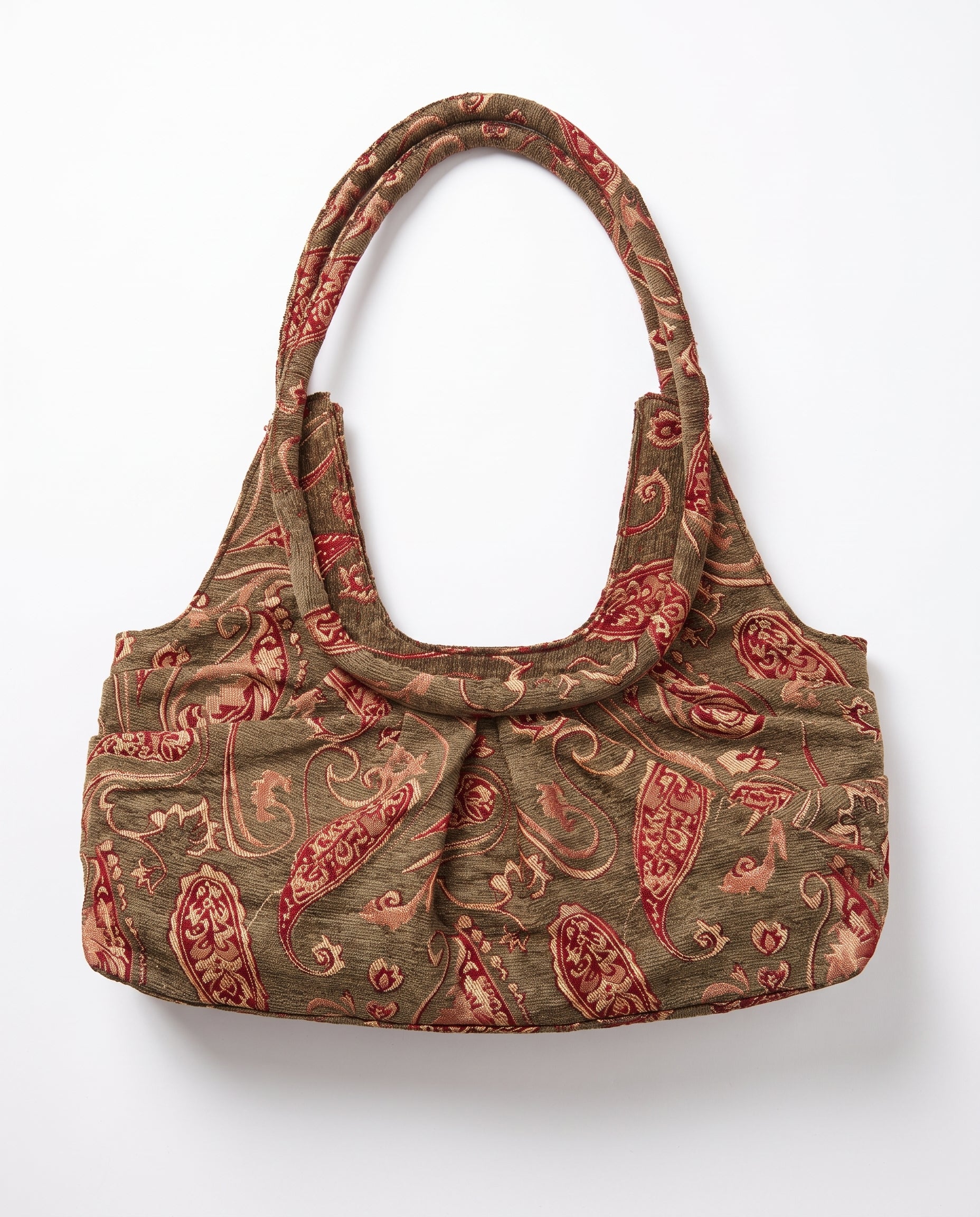 Parte trasera del bolso vintage bordado con asa de hombro.
