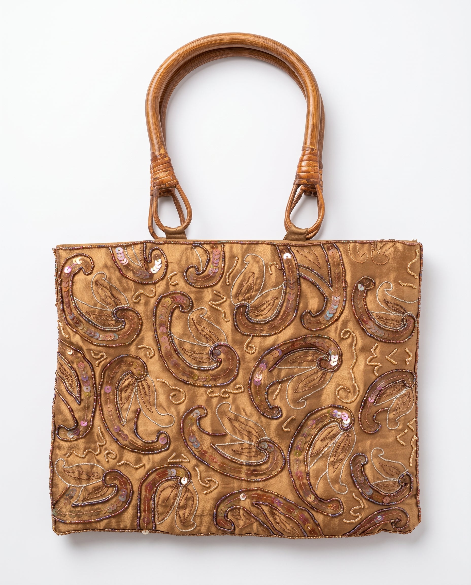 Imagen 1: Bolso vintage dorado con estampado cachemir, bordados y asas de madera.