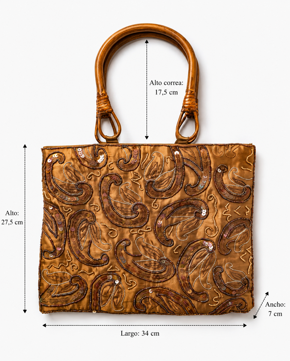 Imagen 4: Bolso vintage dorado con estampado cachemir mostrando sus medidas.