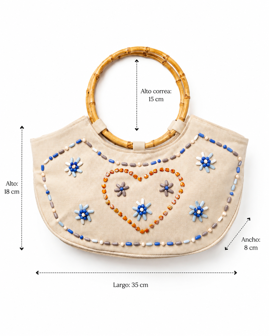 Imagen 4: Bolso vintage con asas de bambú mostrando sus medidas.