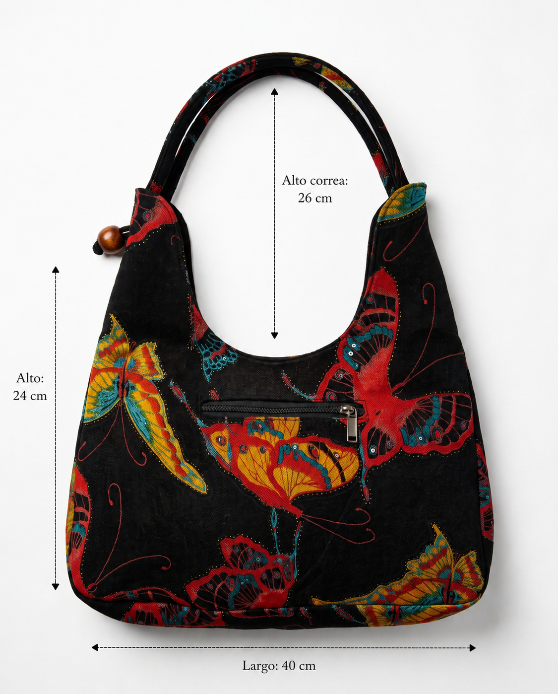 Bolso vintage negro con mariposas y lentejuelas mostrando sus medidas.