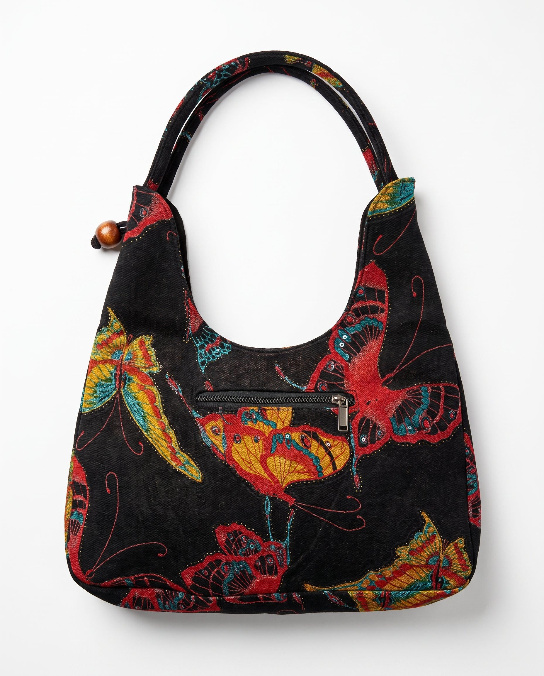  Vista trasera del bolso vintage de hombro con estampado de mariposas.