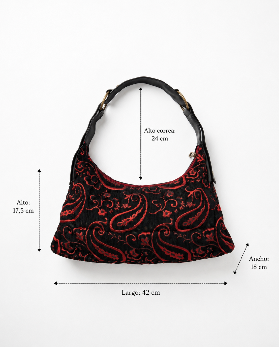 Bolso vintage negro bordado mostrando sus medidas.