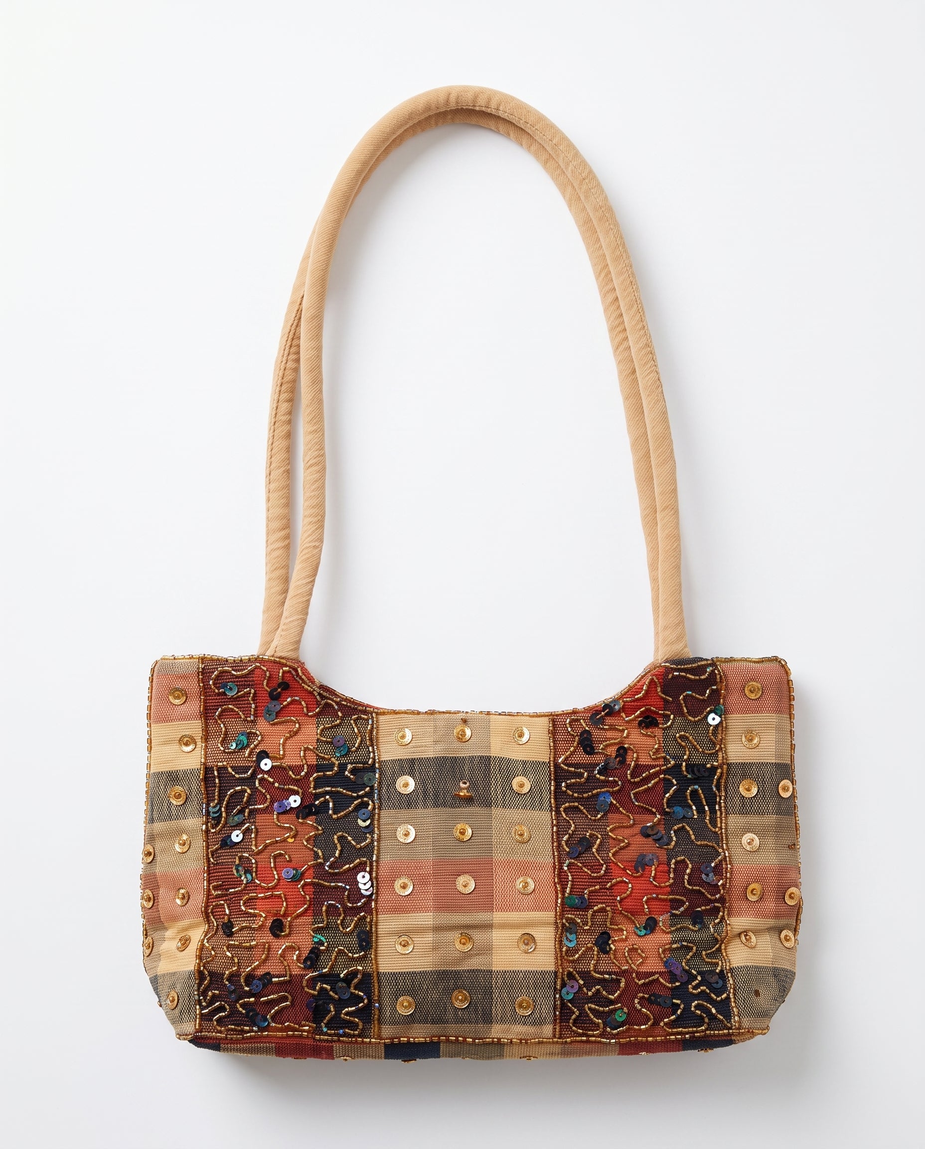 Imagen 1: Bolso vintage patchwork con bordados de cuentas y lentejuelas en tonos beige, burdeos y marrón.