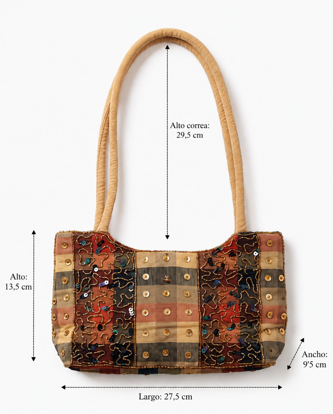Imagen 4: Bolso vintage patchwork con cuentas mostrando sus medidas.