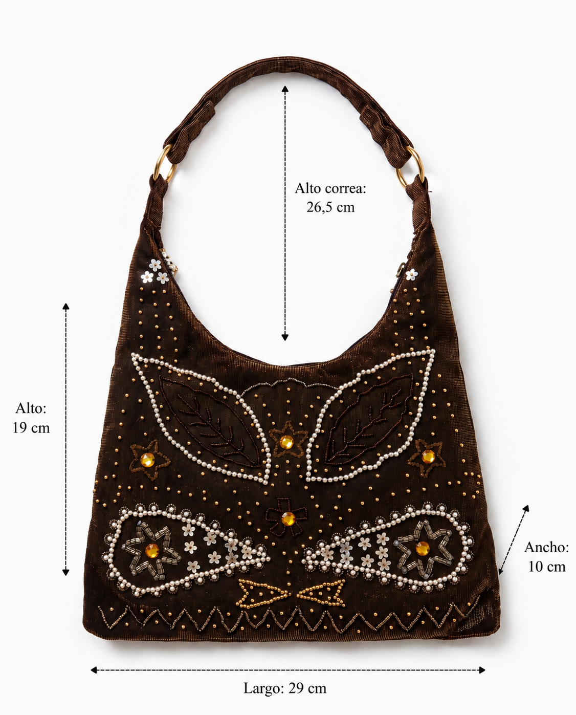 Imagen 5: Bolso vintage marrón con pedrería mostrando sus medidas.