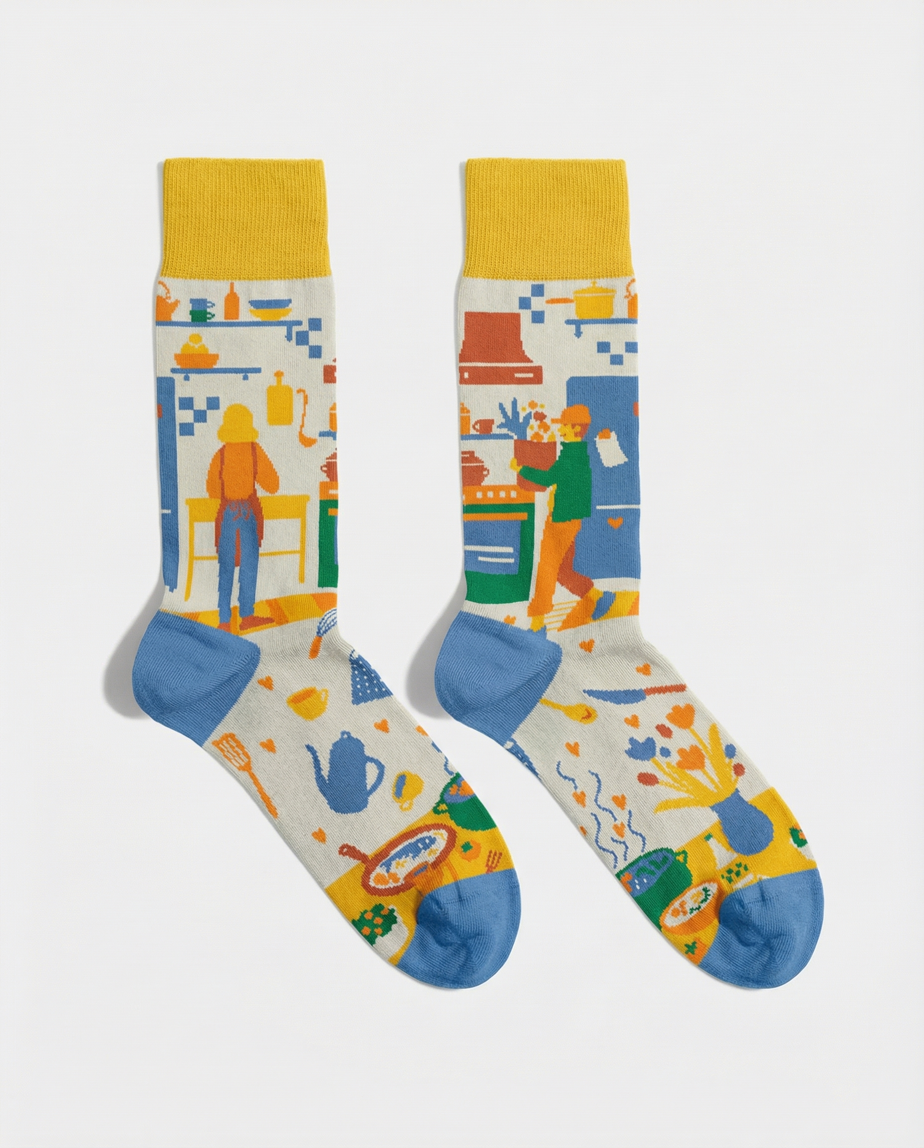 Calcetines divertidos con escena ilustrada de cocina y personas cocinando