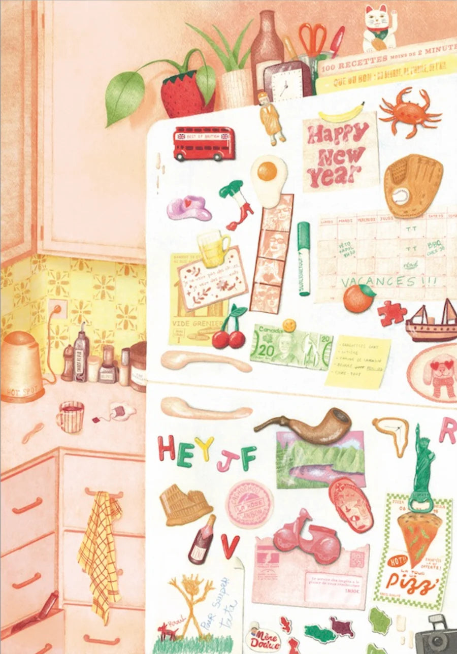 detalle puzzle puerta de frigorifico imanes notas ilustracion artistica
