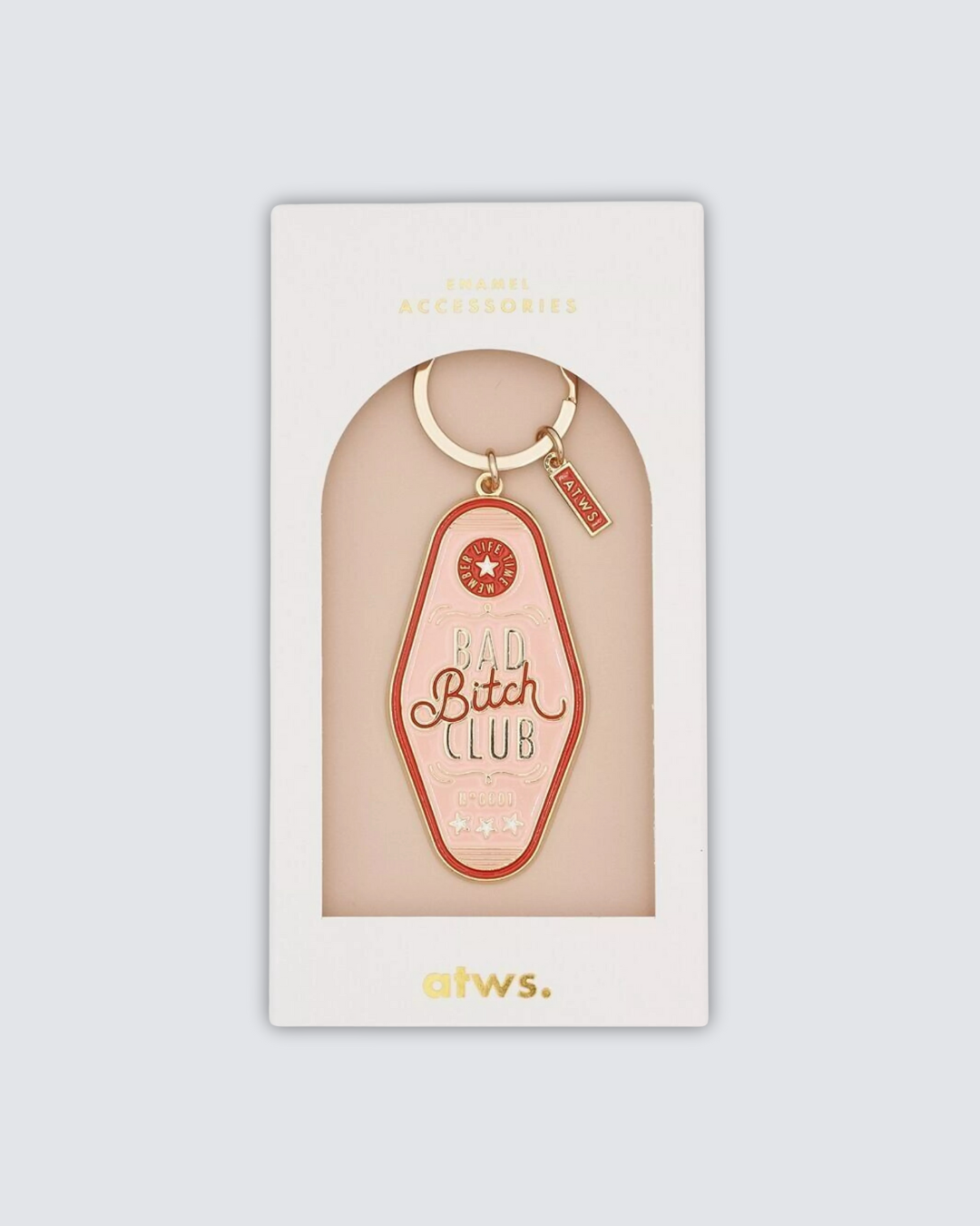 Llavero esmaltado rosa y dorado con texto Bad Bitch Club.