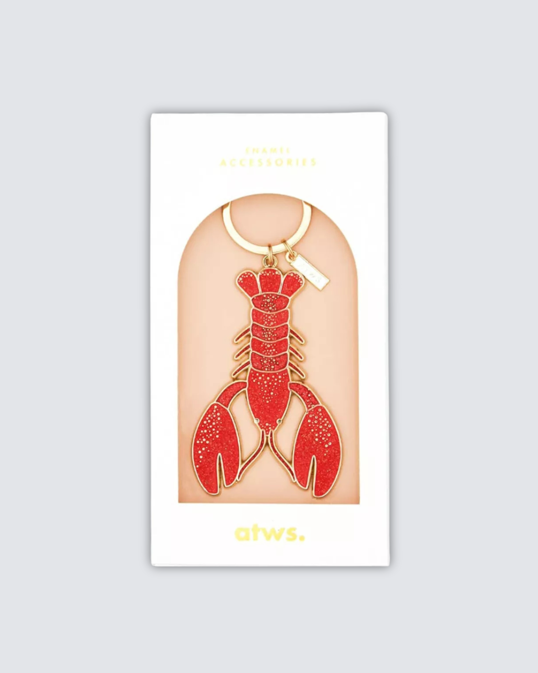 Llavero esmaltado en forma de langosta roja con detalles dorados.
