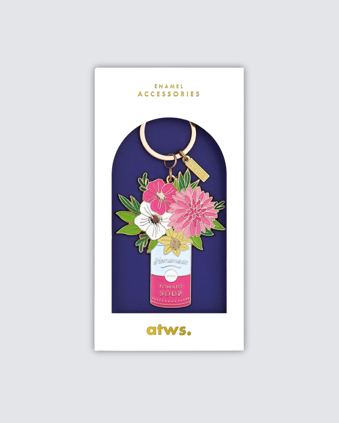 Llavero esmaltado con ramo de flores en lata de sopa, diseño dorado.