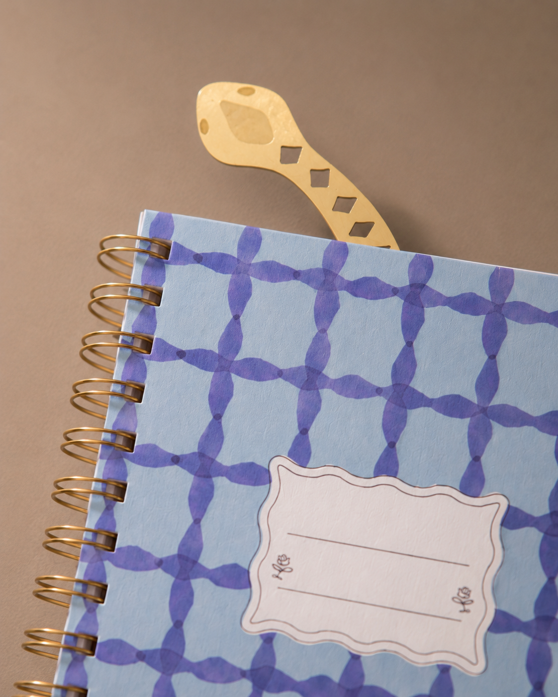 Marcapáginas de metal con diseño de serpiente sobresaliendo de un cuaderno.