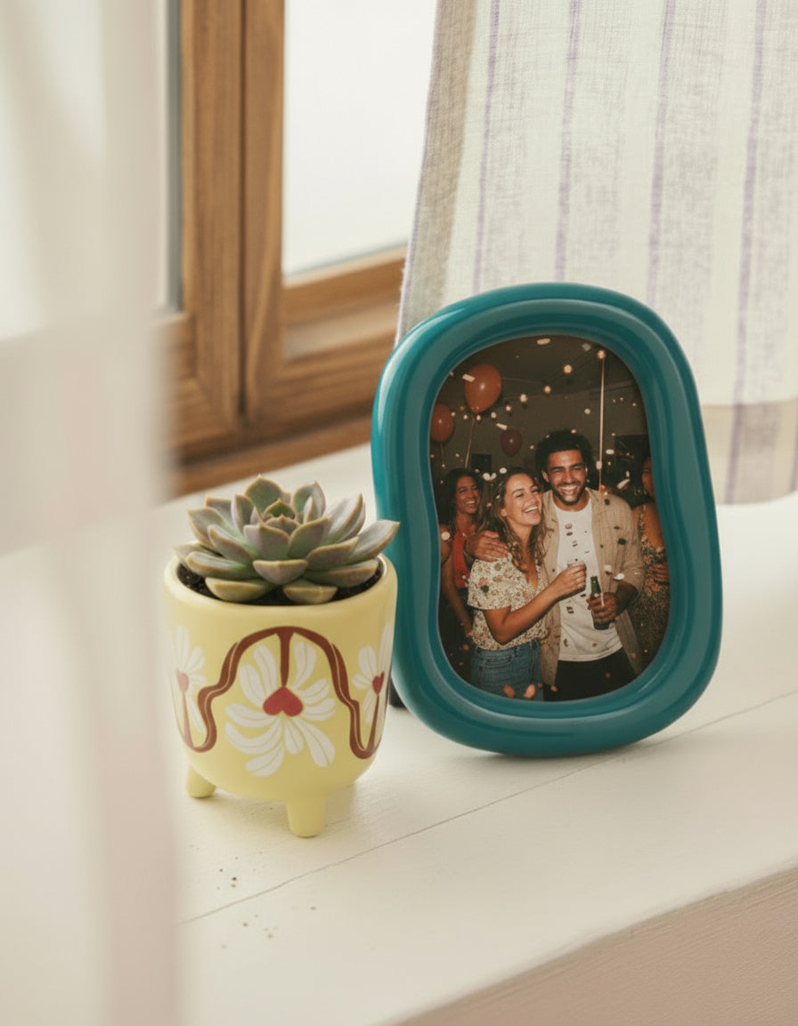 Marco de fotos turquesa de MDF con forma orgánica colocado junto a una maceta amarilla.