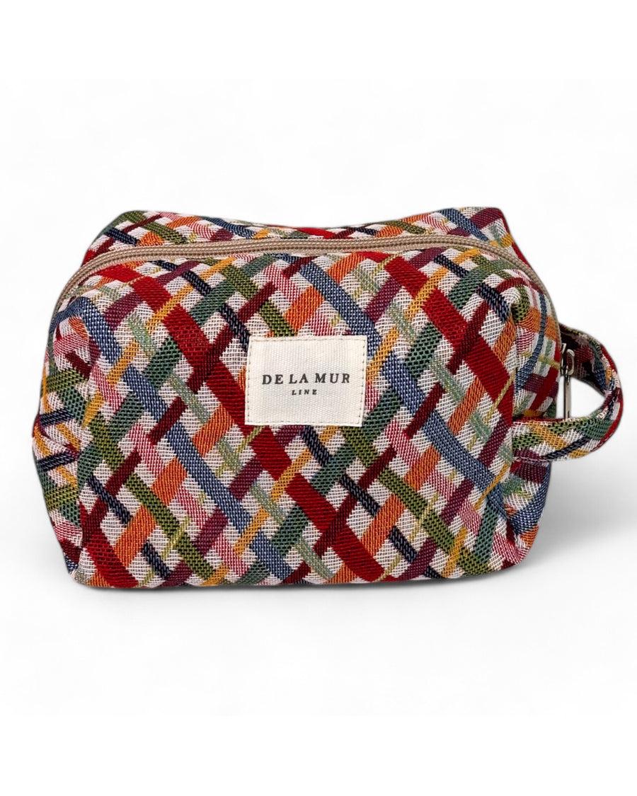 Neceser mediano con estampado jacquard multicolor, vista frontal.