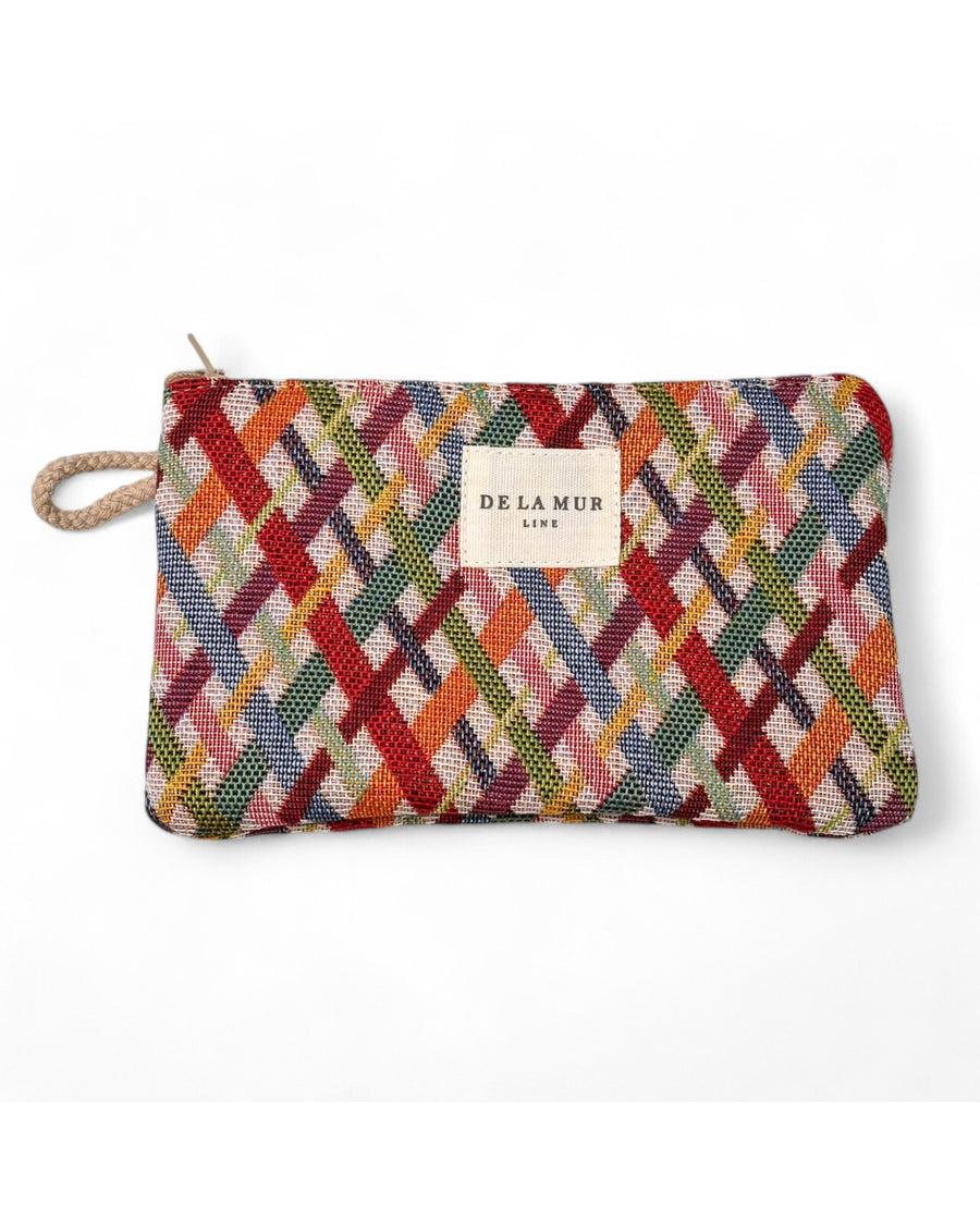  Neceser pequeño de jacquard multicolor con estampado geométrico, vista frontal.