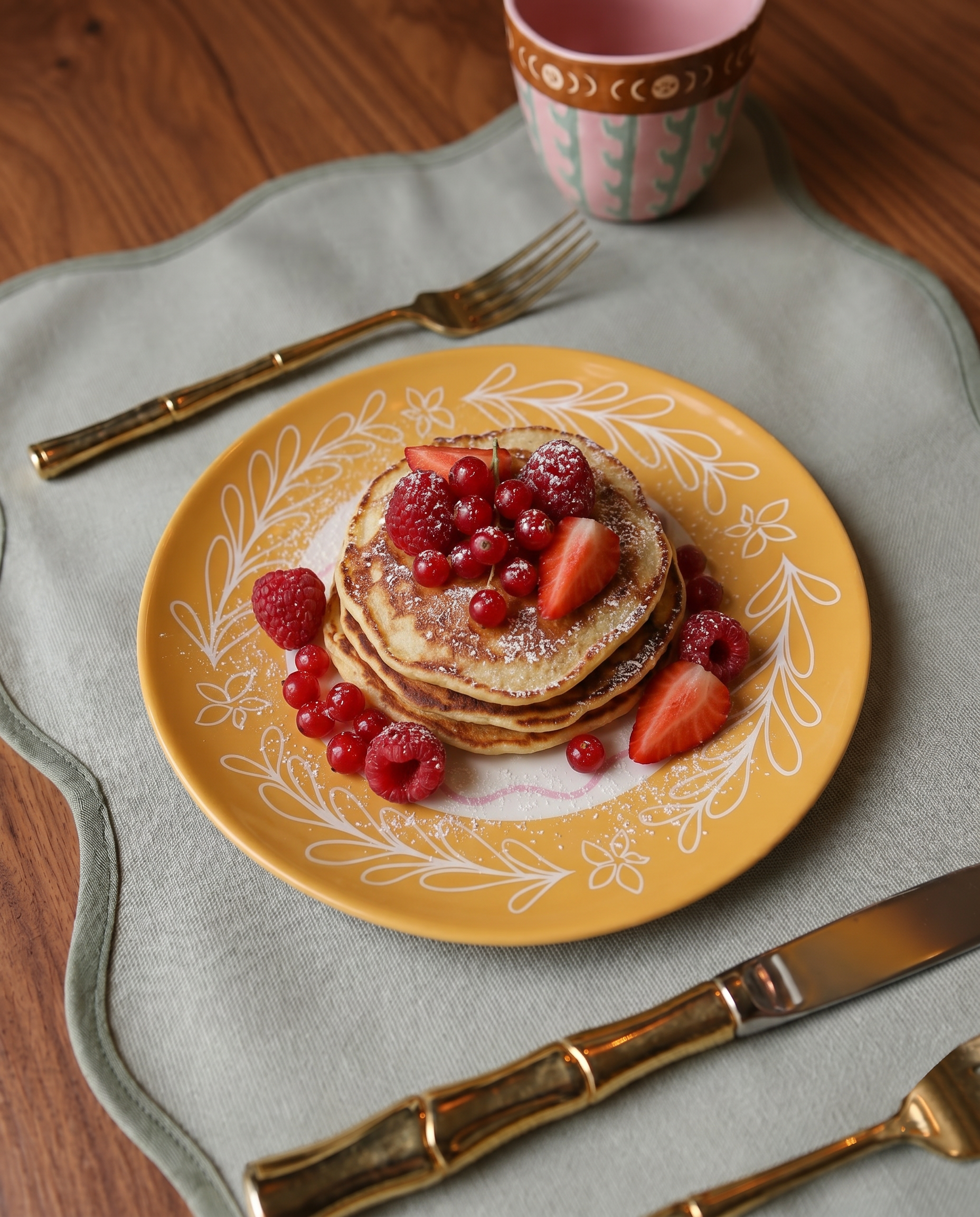 Plato amarillo de cerámica presentado con tortitas y fruta.