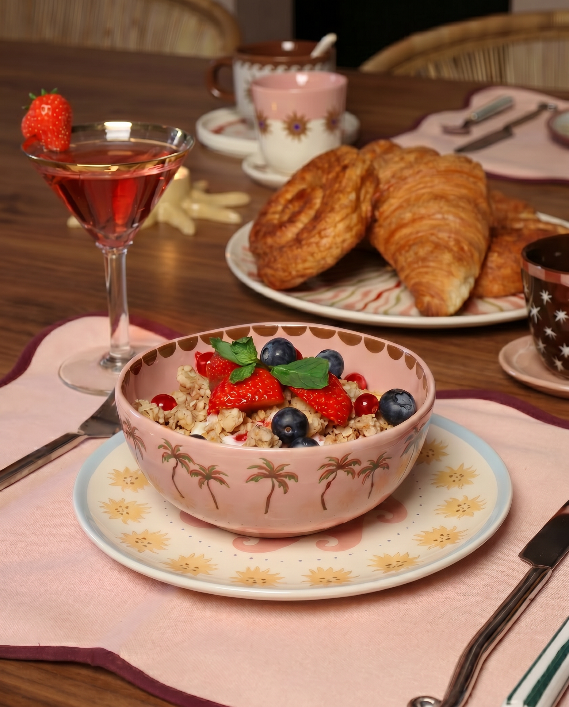 Imagen 4: Plato de cerámica presentado sobre una mesa junto a un bol y un desayuno.