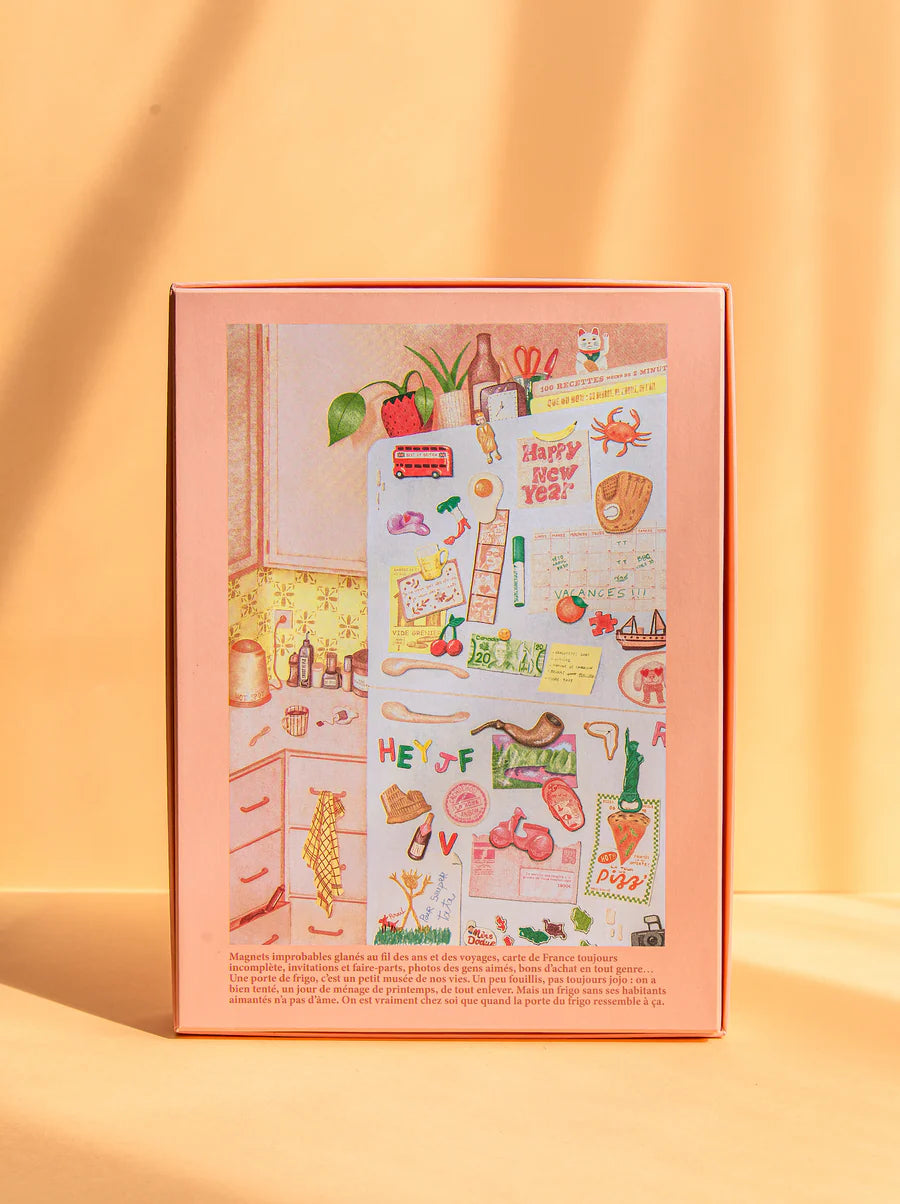 puzzle 1000 piezas la porte de frigo jour ferie caja rosa ilustracion
