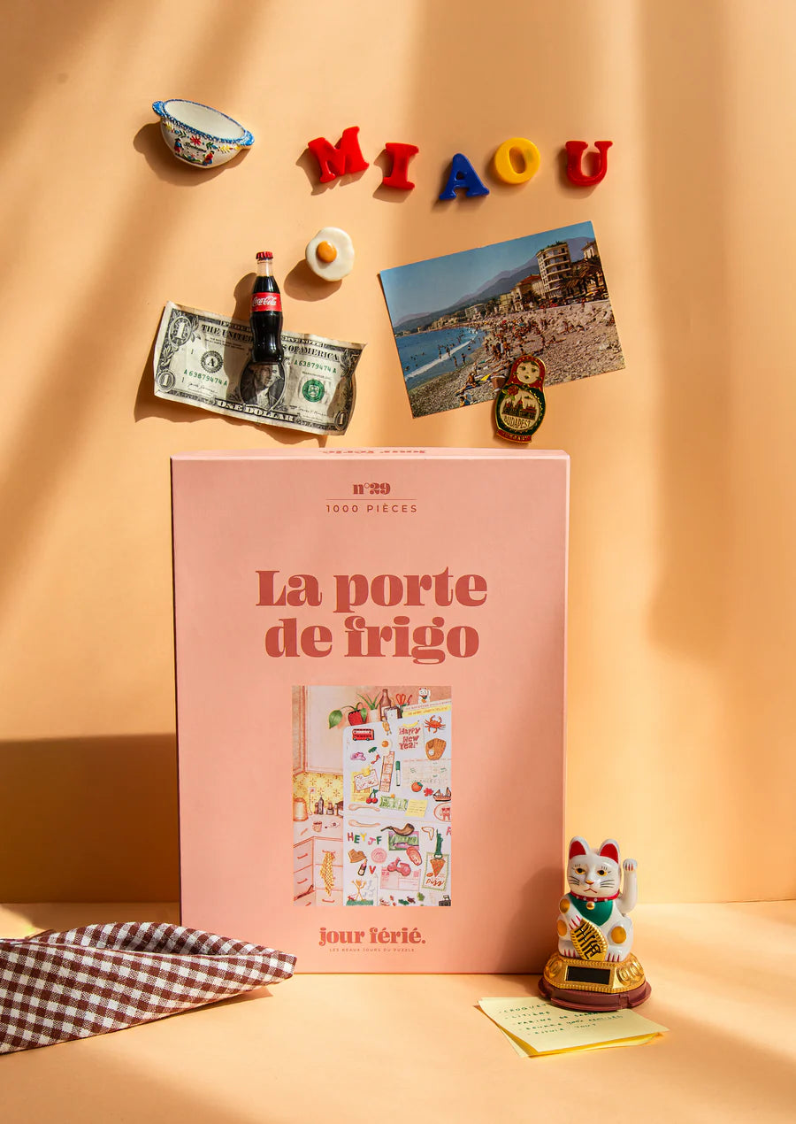 puzzle 1000 piezas la porte de frigo jour ferie caja rosa ilustracion